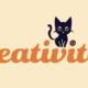 Het woord 'creativiteit' met een pictogram van een kitten die bovenop het woord zit, vlakbij een i. Het puntje op die i is een speelballetje.