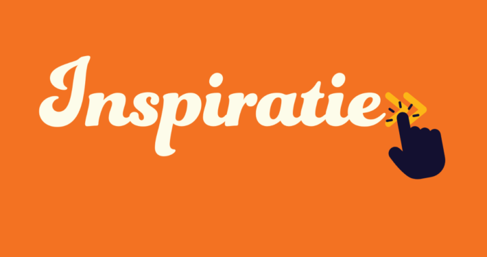 Het woord 'Inspiratie' met daarachter twee lees-verder-pijltjes en daarop een pictogram van een handje die daarop klikt