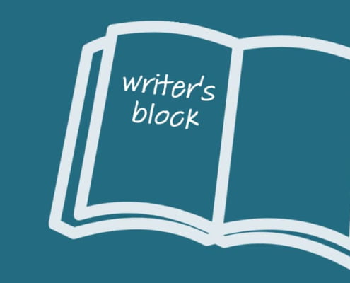 Illustratie: boek met 'writersblock' erin geschreven, blauwe achtergrond