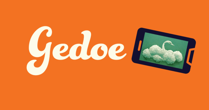 Het woord 'Gedoe' Daarnaast een pictogram van een smartphone waarop je een afbeelding van een zwaan ziet die met Midjourney is gemaakt