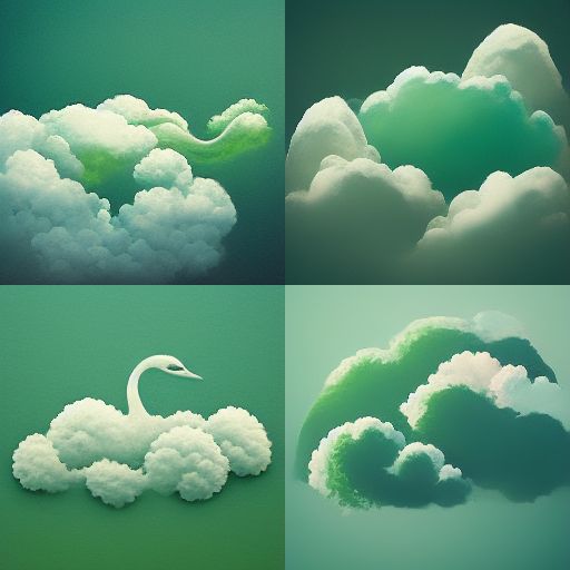 4 verschillende plaatjes bestaande uit de vormen van een zwaan, wolken en lucht tegen een groene achtergrond