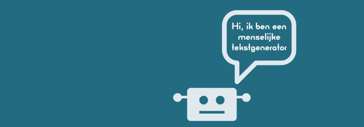 Illustratie. Robothoofd met tekstballon: 'Hi, ik ben een menselijke tekstgenerator'