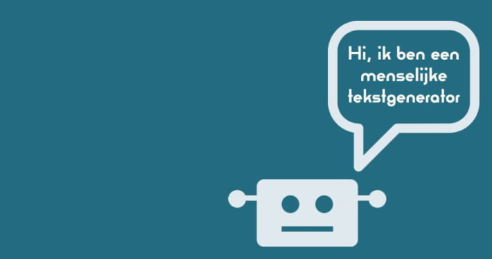 Illustratie. Robothoofd met tekstballon: 'Hi, ik ben een menselijke tekstgenerator'