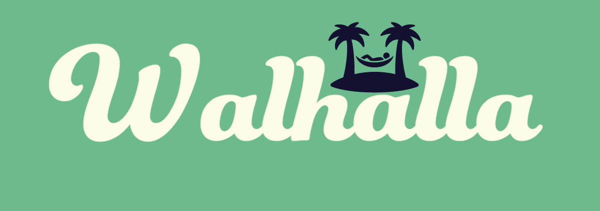 Tekst: Walhalla. Op de tweede a staat een pictogram van een eiland met een hangmat tussen 2 palmbomen.