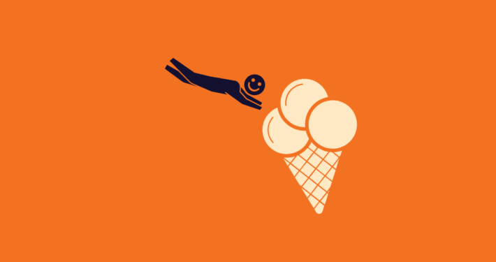 Illustratie van een hoorntje met 3 bolletjes ijs. Een klein poppetje met een smiley-gezicht duikt op het ijsje af.