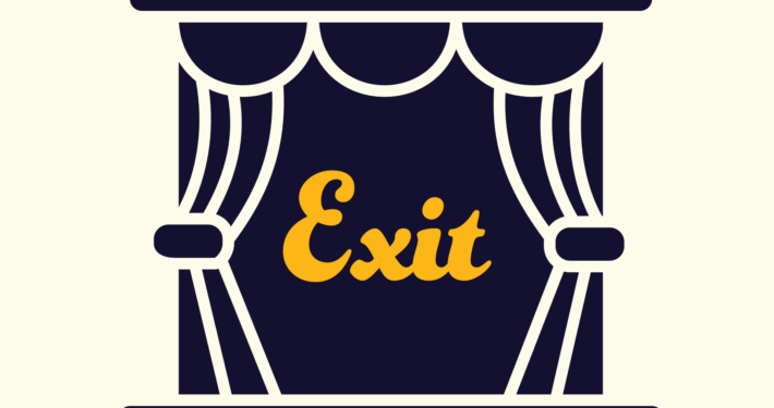 Groot pictogram van een toneel. In het midden staat het woord 'Exit'.