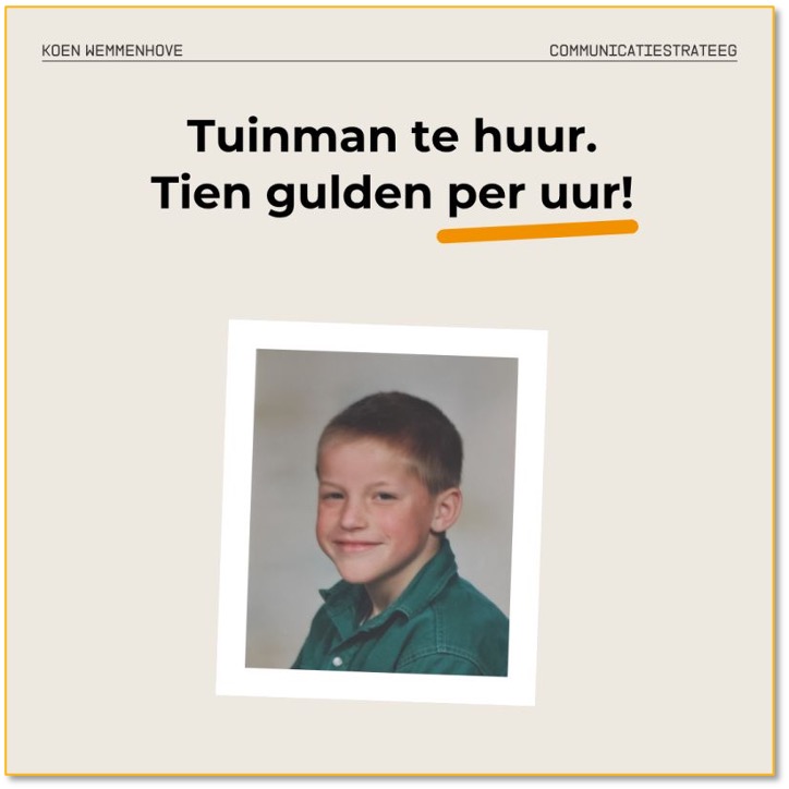 Tuinman te huur, tien gulden per uur. Met een pasfoto van een jongen van 11 jaar