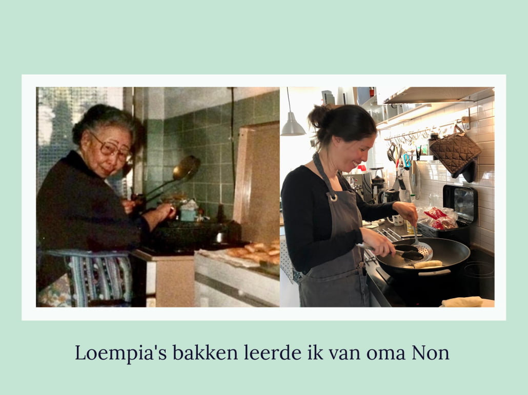 Foto van mijn oma die loempia's bakt in de wadjan. Daarnaast bijna dezelfde foto van mij. Bijschrift: Loempia's bakken leerde ik van oma Non.
