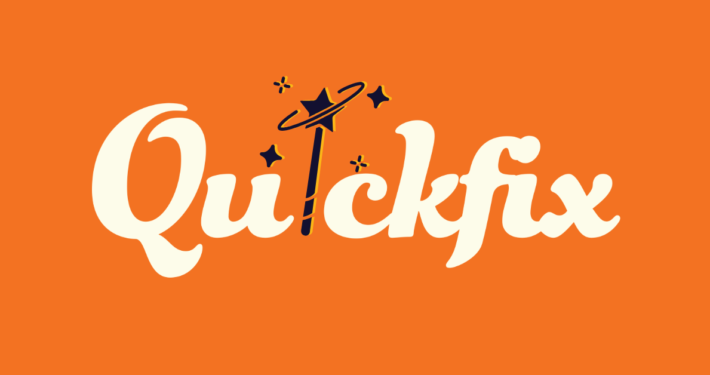 Het woord 'quickfix'. De eerste i is vervangen door een pictogram van een toverstok.