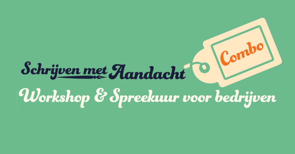 Tekst: Schrijven met Aandacht, Workshop en Spreekuur voor bedrijven. Pictogram van een label met daarop het woord: Combo