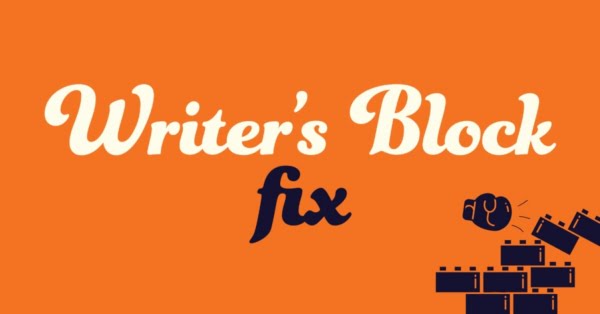 Tekst: Writer's Block Fix. Met een pictogram van een bokshandschoen een een stapel duplo blokjes dat omvalt