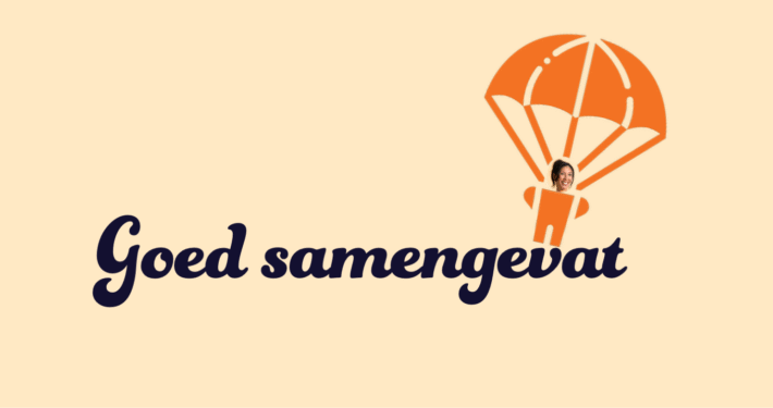Tekst: Goed samengevat. Met een pictogram van een parachutist. Op de plek van het hoofd een profielfoto van Sabine.