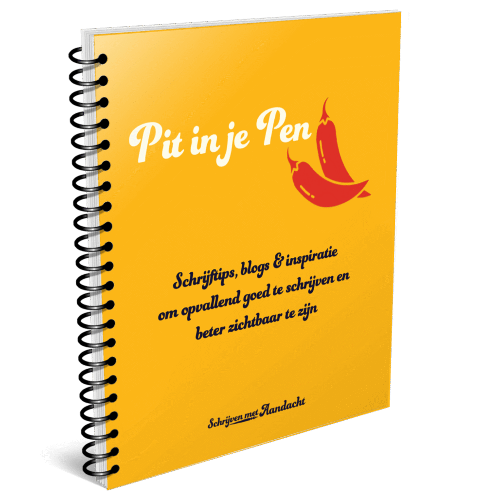 Boekje: Pit in je Pen.  Schrijftips, blogs & inspiratie om opvallend goed te schrijven en beter zichtbaar te zijn. Met een pictogram van 2 rode pepers.