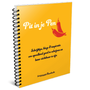 Boekje: Pit in je Pen. Schrijftips, blogs & inspiratie om opvallend goed te schrijven en beter zichtbaar te zijn. Met een pictogram van 2 rode pepers.