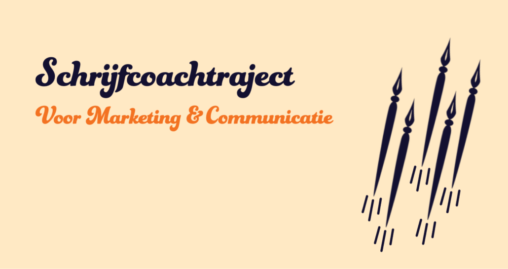 Schrijfcoachtrajectvoor Marketing & Communicatie. Met illustratie van 5 kroontjespennen die als een raket opstijgen.