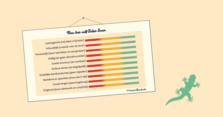 Een kaart met een aantal criteria erop en kleurbalkjes (van rood naar groen) achter elk criterium. Naast de kaart een pictogram van een groene hagedis.